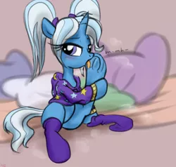 Size: 4000x3800 | Tagged: suggestive, alternate version, artist:littlenaughtypony, derpibooru import, trixie, unicorn, alternate hairstyle, babysitter trixie, clothes, female, fetish, frog (hoof), hoodie, hoof fetish, hoof licking, image, jpeg, licking, looking at you, solo, solo female, sweater, sweaty hooves, tongue out, underhoof