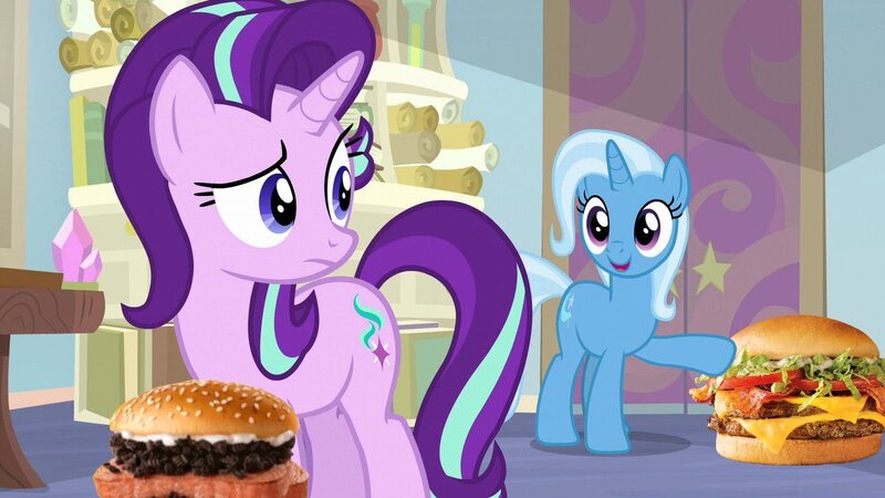 Size: 1280x720 | Tagged: safe, artist:heyitshayburgers, derpibooru import, edit, edited screencap, screencap, starlight glimmer, trixie, burger, cheeseburger, food, hamburger, image, jpeg, spam oreo burger