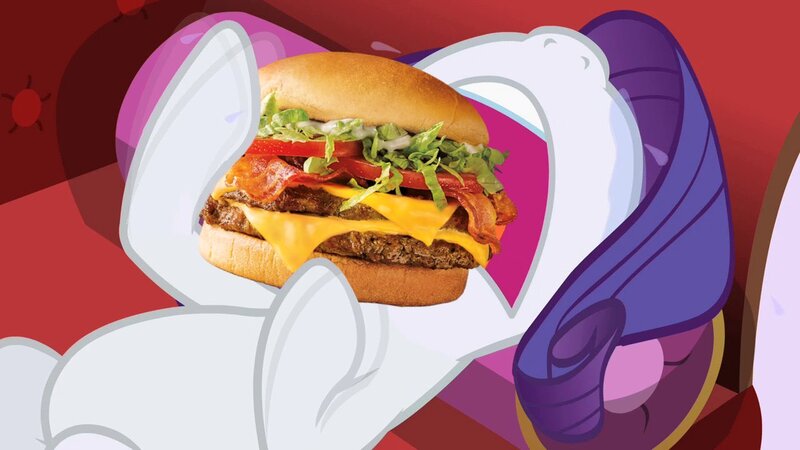 Size: 1280x720 | Tagged: safe, artist:heyitshayburgers, derpibooru import, edit, edited screencap, screencap, rarity, burger, cheeseburger, food, hamburger, image, jpeg