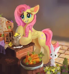 Size: 1280x1370 | Tagged: safe, artist:aristocatdraws, derpibooru import, angel bunny, fluttershy, pegasus, pony, rabbit, abacus, animal, barrel, bipedal, bits, carrot, cobblestone street, counter, crate, cropped, crossed arms, duo, female, floppy ears, flower, folded wings, food, grin, image, looking at someone, mare, market, money bag, outdoors, png, quill, raised hoof, shopping, smiling, stray strand, three quarter view, vegetables, wings