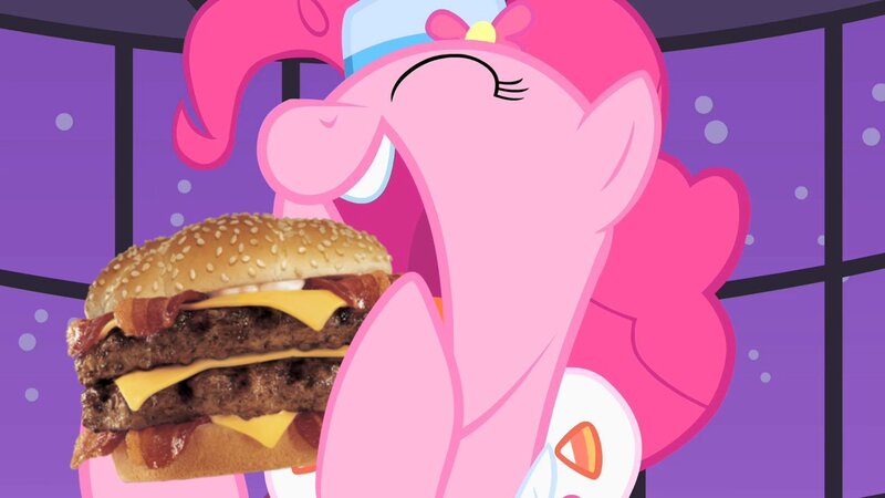 Size: 1280x720 | Tagged: safe, artist:heyitshayburgers, derpibooru import, edit, edited screencap, screencap, pinkie pie, burger, cheeseburger, food, hamburger, image, jpeg, solo