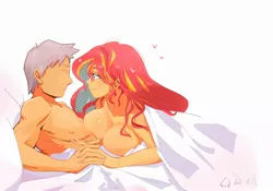 Size: 2000x1400 | Tagged: suggestive, artist:sozglitch, derpibooru import, sunset shimmer, oc, oc:generic messy hair anime anon, human, equestria girls, bed, bedroom eyes, bedsheets, big breasts, breasts, busty sunset shimmer, female, floating heart, heart, holding hands, image, jpeg, looking at each other, male, muscles, muscular male, nudity, simple background, straight, white background