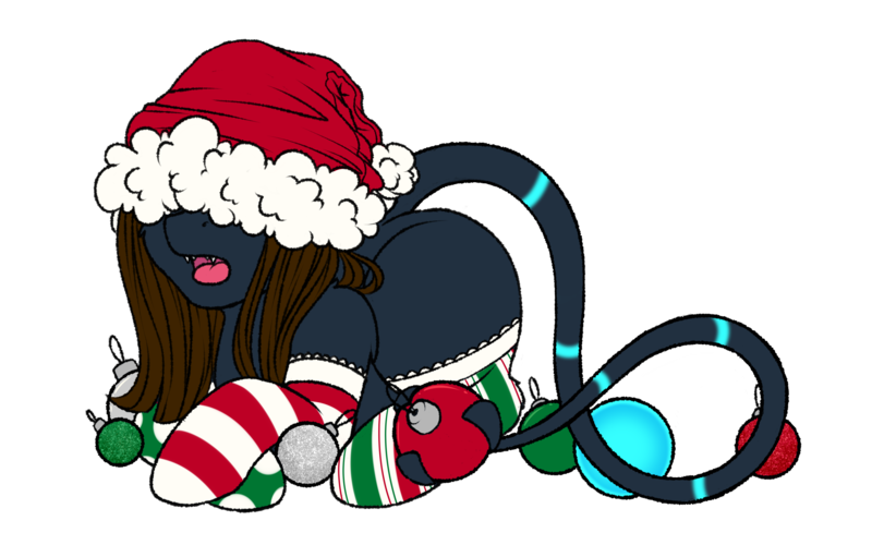 Size: 4800x3000 | Tagged: safe, artist:dewdropinn, derpibooru import, oc, oc:lustrous, unofficial characters only, bauble, bioluminescent, christmas, clothes, commission, cute, cute little fangs, fangs, female, hat, hat over eyes, holiday, image, long tail, lying down, open mouth, palux, png, prone, santa hat, socks, stockings, thigh highs