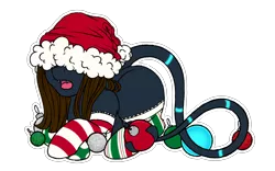 Size: 4800x3000 | Tagged: safe, artist:dewdropinn, derpibooru import, oc, oc:lustrous, unofficial characters only, bauble, bioluminescent, christmas, clothes, commission, cute, cute little fangs, fangs, female, hat, hat over eyes, holiday, image, long tail, lying down, open mouth, palux, png, prone, santa hat, socks, stockings, thigh highs