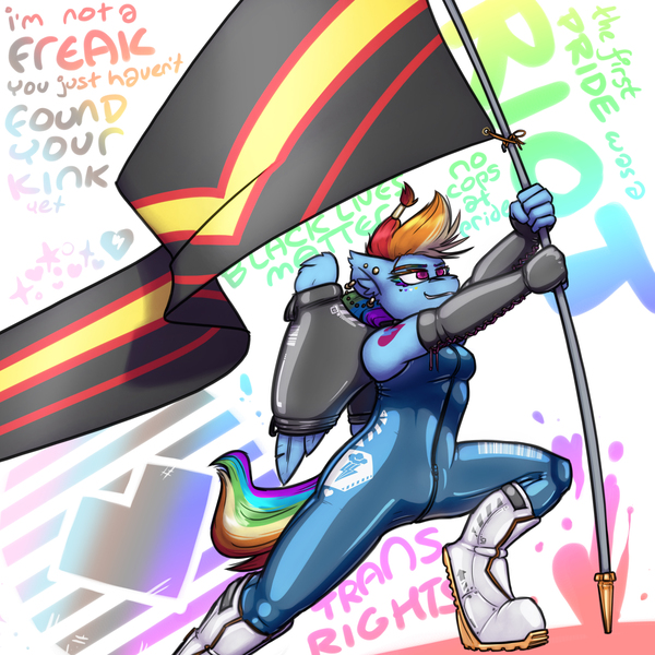 Size: 3500x3500 | Tagged: questionable, artist:krd, derpibooru import, rainbow dash, anthro, pegasus, unguligrade anthro, banner, bodysuit, boots, bound wings, clothes, crotch bulge, dramatic pose, ear piercing, earring, fetish, fingerless gloves, flag, flag pole, futa, gloves, graffiti, hoof boots, image, intersex, jewelry, jpeg, latex, latex boots, latex gloves, latex suit, mouthpiece, piercing, pose, pride, pride flag, rubber, rubber gloves, rubber pride flag, rubber suit, shiny, shoes, solo, solo futa, tattoo, trans rights, wing sleeves, wings