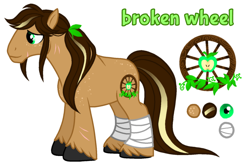 Size: 1596x1080 | Tagged: safe, artist:jvartes6112, derpibooru import, oc, oc:broken wheel, unofficial characters only, earth pony, pony, apple, bandage, earth pony oc, food, image, male, offspring, parent:applejack, parent:promontory, parents:promontjack, png, reference sheet, simple background, solo, stallion, transparent background, unshorn fetlocks, wheel