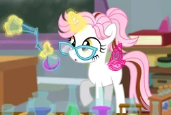 Size: 1280x867 | Tagged: safe, artist:jvartes6112, derpibooru import, oc, oc:merida shy, unofficial characters only, alicorn, pony, alicorn oc, book, butterfly wings, chalkboard, erlenmeyer flask, female, filly, flask, glasses, glowing horn, horn, image, indoors, jpeg, magic, offspring, parent:fluttershy, parent:oc:jv6112, parents:canon x oc, raised hoof, telekinesis, vial, wide eyes, wings