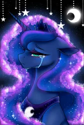 Size: 1080x1596 | Tagged: safe, artist:jvartes6112, derpibooru import, princess luna, alicorn, pony, bust, crescent moon, crying, ethereal mane, female, frown, galaxy mane, horn, image, jewelry, mare, moon, peytral, png, sad, solo, stars, tiara