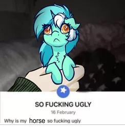 Size: 4000x4102 | Tagged: safe, artist:witchtaunter, derpibooru import, lyra heartstrings, pony, unicorn, :<, chest fluff, derp, ear fluff, faic, frown, funny, holding, image, irl, l.u.l.s., meme, offscreen character, offscreen human, photo, png, ponies in real life, ponified animal photo, ponified meme, solo, vulgar