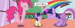 Size: 1352x503 | Tagged: safe, artist:mlp-silver-quill, derpibooru import, pinkie pie, pumpkin cake, twilight sparkle, earth pony, pony, unicorn, baby, baby pony, babylight sparkle, bouncing, comic, diaper, disguise, eyes closed, image, implied rainbow dash, jpeg, magic, mortal twilight, smiling, speech bubble, superman, transformation, wig, younger