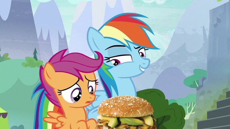 Size: 1024x576 | Tagged: safe, artist:heyitshayburgers, derpibooru import, edit, edited screencap, screencap, rainbow dash, scootaloo, pegasus, pony, the washouts (episode), avocado, chicken sandwich, food, image, jpeg