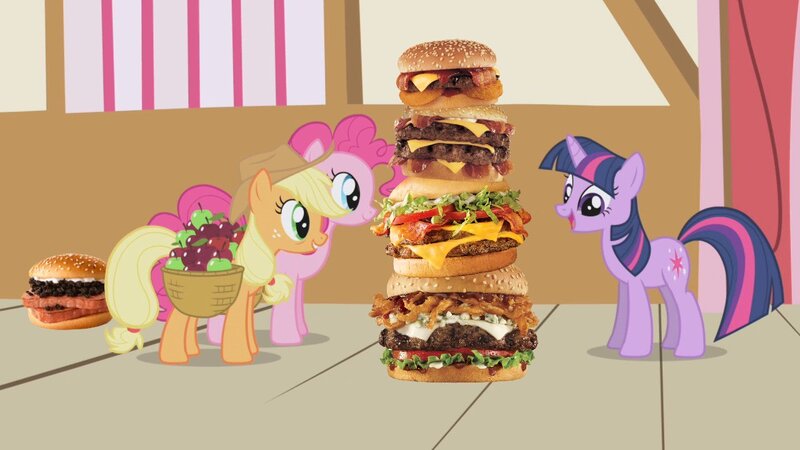 Size: 1280x720 | Tagged: safe, artist:heyitshayburgers, derpibooru import, edit, edited screencap, screencap, applejack, pinkie pie, twilight sparkle, earth pony, pony, unicorn, applebuck season, burger, cheeseburger, food, hamburger, image, jpeg, spam oreo burger, western bacon cheeseburger