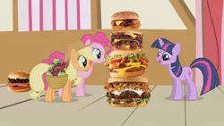 Size: 1280x720 | Tagged: safe, artist:heyitshayburgers, derpibooru import, edit, edited screencap, screencap, applejack, pinkie pie, twilight sparkle, earth pony, pony, unicorn, applebuck season, burger, cheeseburger, food, hamburger, image, jpeg, spam oreo burger, western bacon cheeseburger