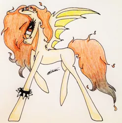 Size: 1633x1644 | Tagged: safe, artist:beamybutt, derpibooru import, oc, unofficial characters only, bat pony, pony, bat pony oc, bat wings, bracelet, ear piercing, eyelashes, female, image, jpeg, mare, piercing, raised hoof, signature, solo, spiked wristband, traditional art, wings, wristband