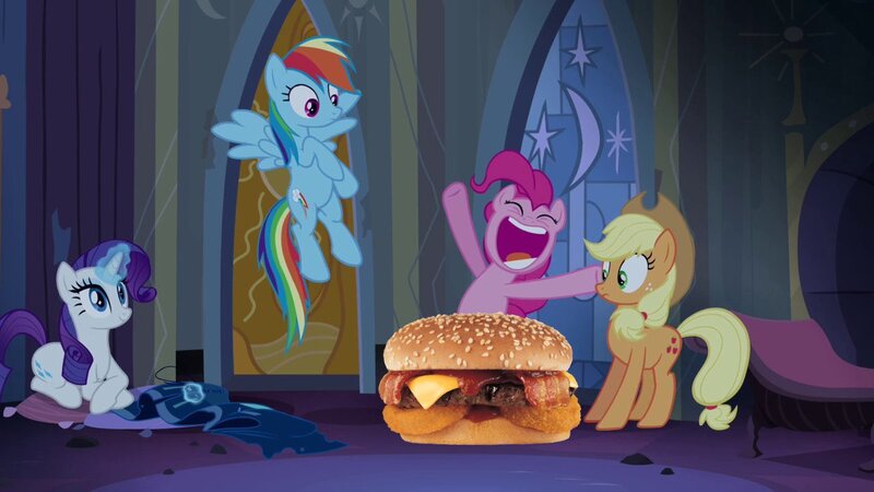 Size: 1280x720 | Tagged: safe, artist:heyitshayburgers, derpibooru import, edit, edited screencap, screencap, applejack, pinkie pie, rainbow dash, rarity, castle mane-ia, burger, cheeseburger, food, hamburger, image, jpeg, western bacon cheeseburger