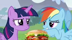 Size: 1280x720 | Tagged: episode needed, safe, artist:heyitshayburgers, derpibooru import, edit, edited screencap, screencap, rainbow dash, twilight sparkle, burger, food, hamburger, image, jpeg