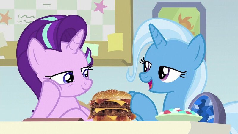 Size: 1280x720 | Tagged: safe, artist:heyitshayburgers, derpibooru import, edit, edited screencap, screencap, starlight glimmer, trixie, a horse shoe-in, burger, cheeseburger, food, hamburger, image, jpeg