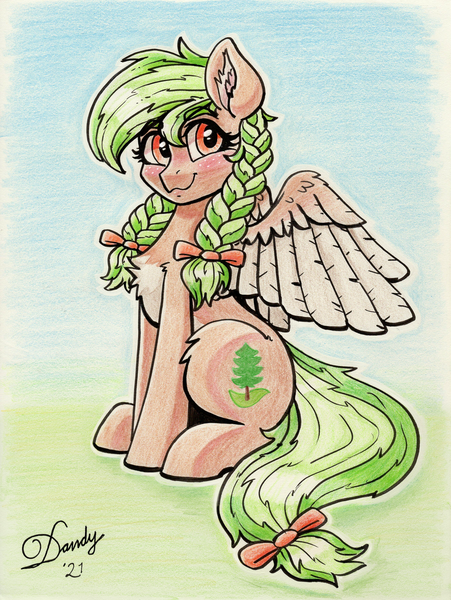 Size: 2680x3568 | Tagged: safe, artist:dandy, derpibooru import, oc, oc:sylvia evergreen, unofficial characters only, pegasus, pony, blushing, braided pigtails, colored pencil drawing, female, freckles, hair tie, image, looking at you, png, signature, sitting, smiling, solo, traditional art