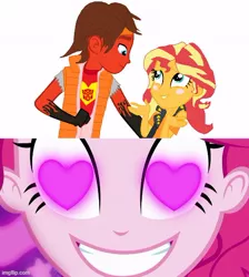 Size: 500x557 | Tagged: safe, derpibooru import, idw, pinkie pie, sunset shimmer, equestria girls, blushing, clothes, crack shipping, crossover, crossover shipping, heart eyes, image, imgflip, jpeg, meme, rodimus, shipping, smiling, transformers, wingding eyes