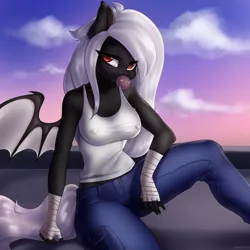Size: 3500x3500 | Tagged: suggestive, artist:yutakira92, derpibooru import, oc, oc:midnight ruby, anthro, bat pony, anthro oc, bat pony oc, bat wings, bubblegum, cargo pants, chewing gum, clothes, cloud, erect nipples, food, gum, hand wraps, image, nipple outline, nipple piercing outline, pants, png, red eyes, sitting, spread wings, sunset, tanktop, white mane, wings