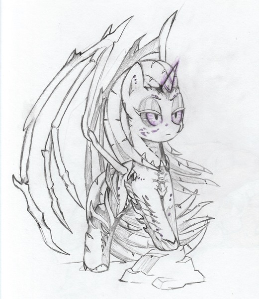 Size: 3726x4293 | Tagged: safe, artist:foxtrot3, derpibooru import, ponified, alicorn, pony, zerg, braid, glowing horn, horn, image, jpeg, kerrigan, mutated, pose, sc2, skeletal wings, starcraft, starcraft 2, the swarm, wings