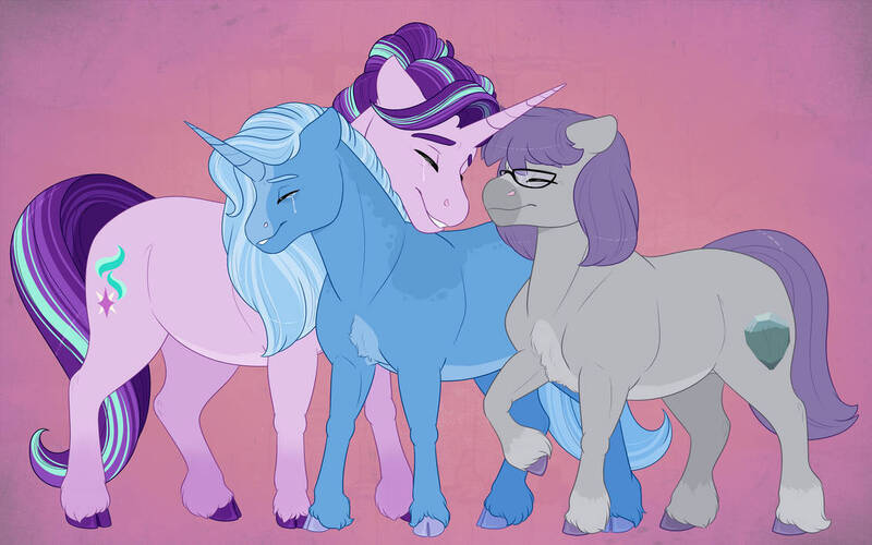 Size: 1131x707 | Tagged: safe, artist:ganashiashaka, derpibooru import, maud pie, starlight glimmer, trixie, female, image, jpeg, lesbian, mauxie, polyamory, shipping, starmaud, startrix