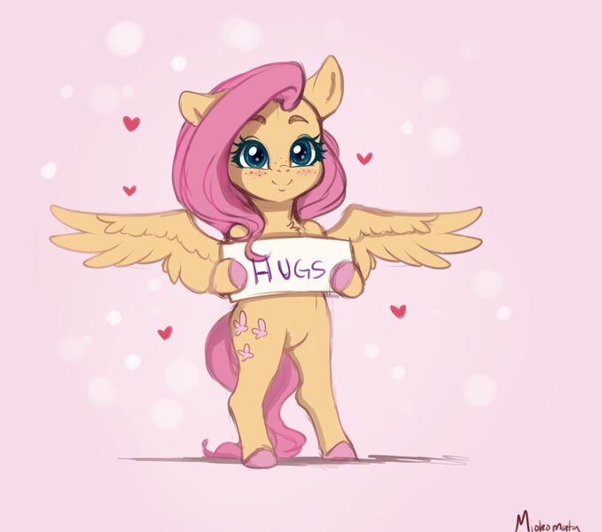 Size: 2656x2348 | Tagged: safe, artist:miokomata, derpibooru import, fluttershy, pegasus, pony, semi-anthro, abstract background, bipedal, bronybait, colored hooves, cute, female, freckles, freckleshy, hoof hold, hug request, image, jpeg, looking at you, mare, shyabetes, sign, solo, spread wings, wings