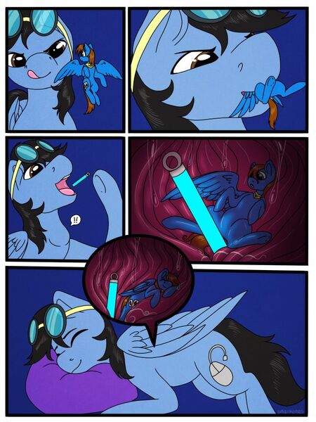 Size: 750x1000 | Tagged: questionable, artist:smallhorses, derpibooru import, oc, oc:flying ace, oc:neo miles, pegasus, commission, glowstick, goggles, image, jpeg, safe vore, sleeping, soft vore, vore