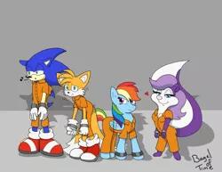 Size: 1017x786 | Tagged: safe, artist:bageloftime, derpibooru import, rainbow dash, bound wings, clothes, cuffed, cuffs, fifi la fume, frustrated, heart, image, jpeg, loony tunes, miles "tails" prower, prisoner, prisoner rd, prison outfit, smiling, sonic the hedgehog, sonic the hedgehog (series), varying degrees of want, wings