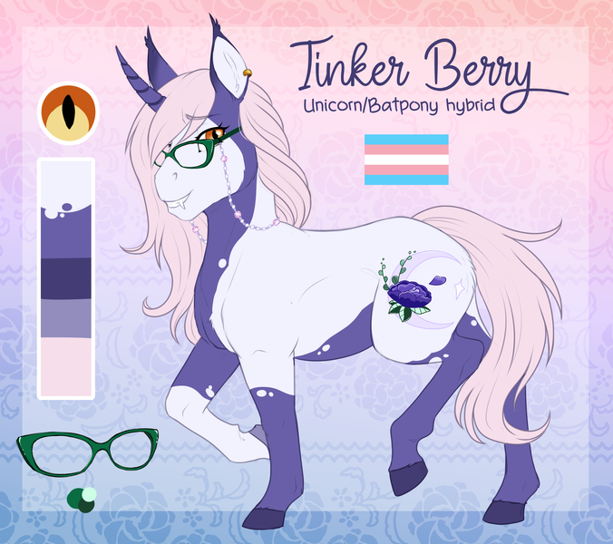 Size: 2781x2468 | Tagged: safe, artist:askbubblelee, derpibooru import, oc, oc:tinker berry, unofficial characters only, bat pony, bat pony unicorn, hybrid, pony, unicorn, bat pony oc, bat wings, digital art, fangs, female, glasses, horn, image, mare, png, pride, pride flag, slit eyes, smiling, solo, transgender, transgender pride flag, wings