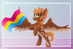 Size: 2720x1840 | Tagged: safe, artist:andaluce, derpibooru import, oc, oc:aero, unofficial characters only, hybrid, pegasus, zebra, zony, abstract background, bipedal, bipedal leaning, flag, image, leaning, lineless, piercing, png, pride, pride flag, solo, spread wings, wings