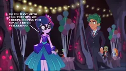 Size: 1366x768 | Tagged: safe, derpibooru import, edit, edited screencap, screencap, sci-twi, timber spruce, twilight sparkle, equestria girls, legend of everfree, clothes, dress, duo focus, image, png, text, tuxedo