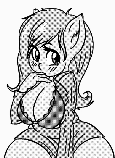 Size: 748x1024 | Tagged: suggestive, artist:snus-kun, derpibooru import, fluttershy, anthro, pegasus, big breasts, blushing, bra, breasts, busty fluttershy, clothes, digital art, female, image, jpeg, looking at you, monochrome, simple background, solo, solo female, tail, thighs, underwear, white background, wide hips, wingless, wingless anthro