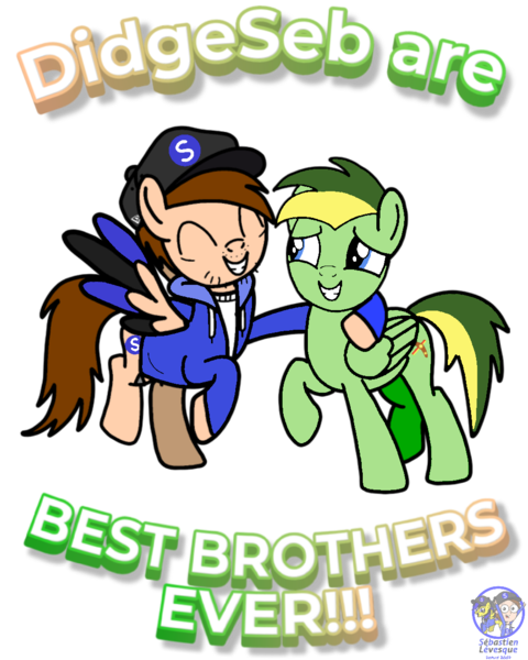 Size: 1000x1249 | Tagged: safe, artist:pigeorgien, artist:sebtheartist, derpibooru import, oc, oc:didgeree, oc:seb the pony, base used, brothers, brown hair, clothes, colored wings, colored wingtips, cute, didgeseb, duo, duo male, hoodie, image, male, not gay, ocbetes, png, siblings, simple background, snapback, transparent background, wings