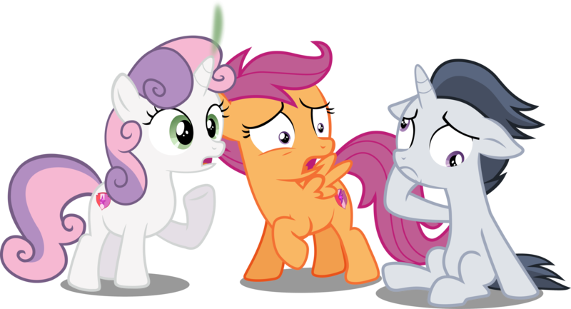 Size: 3411x1848 | Tagged: safe, artist:frownfactory, artist:slb94, derpibooru import, edit, editor:slayerbvc, vector edit, rumble, scootaloo, sweetie belle, pegasus, pony, unicorn, colt, cutie mark, derp, dizzy, female, filly, floppy ears, image, male, oops, png, race swap, raised hoof, shocked, simple background, sitting, smoking horn, the cmc's cutie marks, transparent background, unicorn rumble, vector, what has magic done