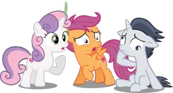 Size: 3411x1848 | Tagged: safe, artist:frownfactory, artist:slb94, derpibooru import, edit, editor:slayerbvc, vector edit, rumble, scootaloo, sweetie belle, pegasus, pony, unicorn, colt, cutie mark, derp, dizzy, female, filly, floppy ears, image, male, oops, png, race swap, raised hoof, shocked, simple background, sitting, smoking horn, the cmc's cutie marks, transparent background, unicorn rumble, vector, what has magic done