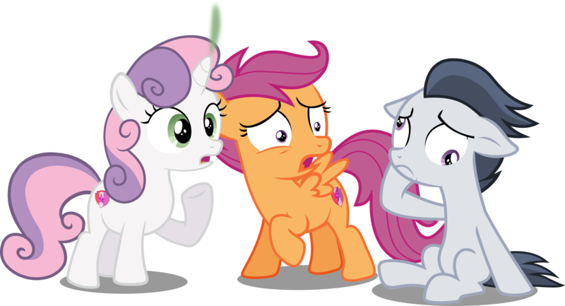Size: 3411x1848 | Tagged: safe, alternate version, artist:frownfactory, artist:slb94, derpibooru import, edit, editor:slayerbvc, vector edit, rumble, scootaloo, sweetie belle, earth pony, pegasus, pony, unicorn, colt, cutie mark, derp, dizzy, earth pony rumble, female, filly, floppy ears, image, male, oops, png, race swap, raised hoof, shocked, simple background, sitting, smoking horn, the cmc's cutie marks, transparent background, vector, what has magic done