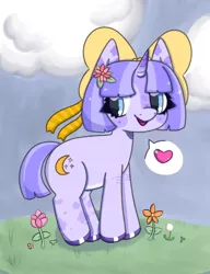 Size: 1000x1300 | Tagged: safe, artist:rabidmomento, derpibooru import, oc, oc:moonlight meadow, pony, unicorn, bow, cloud, flower, flower in hair, full body, grass, happy, heart, image, png, scenery, shading, sky, smiling, solo, standing