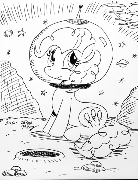 Size: 2606x3404 | Tagged: safe, artist:debmervin, derpibooru import, pinkie pie, earth pony, black and white, earth, grayscale, image, jpeg, monochrome, moon, sad, space