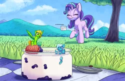 Size: 2000x1295 | Tagged: safe, artist:tsitra360, derpibooru import, starlight glimmer, oc, pegasus, pony, unicorn, female, food, image, jpeg, mare, micro, size difference, spoon, yogurt