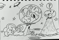 Size: 3666x2485 | Tagged: safe, artist:debmervin, derpibooru import, pinkie pie, alien, earth pony, image, interrogation, jpeg, monochrome, planet, space, stars, traditional art