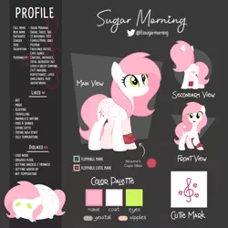 Size: 4000x4000 | Tagged: safe, artist:sugar morning, derpibooru import, oc, oc:sugar morning, unofficial characters only, pegasus, pony, female, image, mare, png, reference sheet, smiling, solo, standing, text