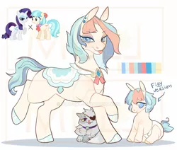 Size: 1024x868 | Tagged: safe, artist:alroura, derpibooru import, coco pommel, opalescence, rarity, oc, earth pony, pony, unicorn, baby, baby pony, deviantart watermark, eyepatch, female, filly, image, jpeg, magical lesbian spawn, mare, obtrusive watermark, offspring, older, parent:coco pommel, parent:rarity, parents:marshmallow coco, saddle, solo, tack, tongue out, watermark