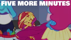 Size: 1280x720 | Tagged: safe, derpibooru import, edit, edited screencap, editor:quoterific, screencap, pinkie pie, rainbow dash, sunset shimmer, equestria girls, equestria girls series, wake up!, spoiler:eqg series (season 2), blanket, clothes, eyes closed, female, image, jpeg, music festival outfit, open mouth, pajamas, trio, trio female