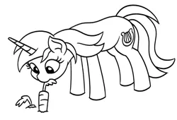 Size: 967x656 | Tagged: safe, artist:mkogwheel, derpibooru import, lyra heartstrings, pony, unicorn, black and white, carrot, female, food, gardening, grayscale, image, mare, monochrome, mouth hold, png, pulling, simple background, solo, white background