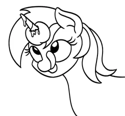 Size: 692x642 | Tagged: safe, artist:mkogwheel, derpibooru import, lyra heartstrings, pony, unicorn, apple, black and white, bust, female, food, grayscale, horn, horn impalement, image, licking, licking lips, mare, monochrome, png, silly, simple background, solo, tongue out, white background