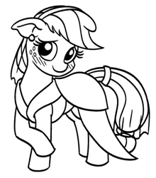 Size: 627x714 | Tagged: safe, artist:mkogwheel, derpibooru import, applejack, earth pony, pony, applejack also dresses in style, black and white, blushing, clothes, cute, dress, ear piercing, earring, female, floppy ears, grayscale, image, jackabetes, jewelry, mare, monochrome, piercing, png, simple background, solo, white background