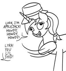 Size: 794x864 | Tagged: safe, artist:mkogwheel, derpibooru import, lyra heartstrings, pony, unicorn, black and white, female, grayscale, hat, howdy, image, l.u.l.s., mare, monochrome, offscreen character, png, simple background, solo, the far side, white background