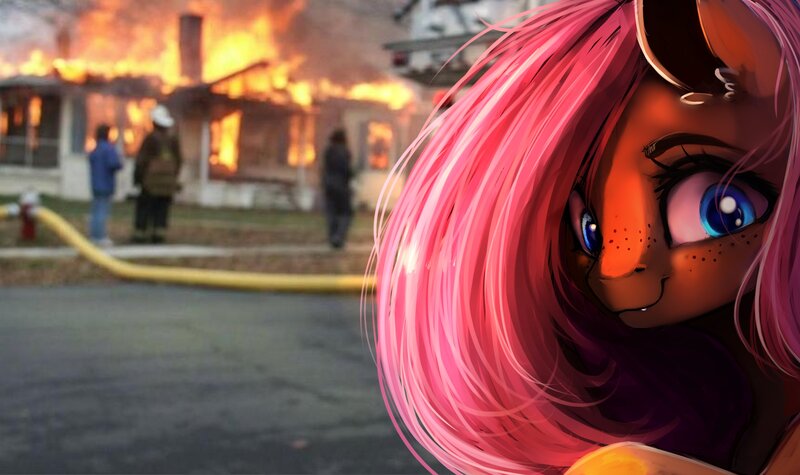 Size: 4000x2376 | Tagged: safe, artist:miokomata, derpibooru import, fluttershy, human, pegasus, pony, creepy, creepy smile, cute, cute little fangs, disaster girl, exploitable meme, fangs, female, fire, freckles, freckleshy, image, irl, jpeg, looking at you, looking back, looking back at you, mare, meme, photo, ponified meme, smiling, solo focus