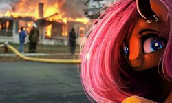 Size: 4000x2376 | Tagged: safe, artist:miokomata, derpibooru import, fluttershy, human, pegasus, pony, creepy, creepy smile, cute, cute little fangs, disaster girl, exploitable meme, fangs, female, fire, freckles, freckleshy, image, irl, jpeg, looking at you, looking back, looking back at you, mare, meme, photo, ponified meme, smiling, solo focus